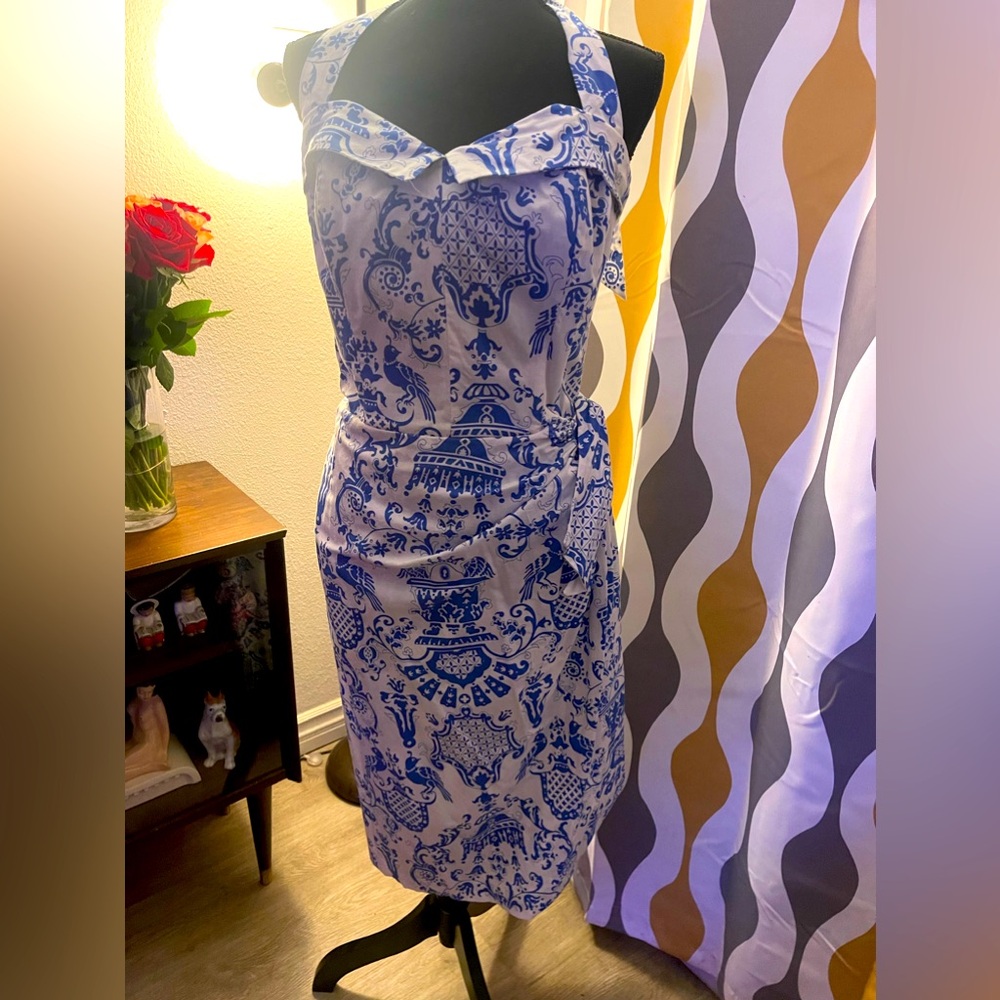 Bernie Dexter High Tea Blue White Pinup Halter Dress